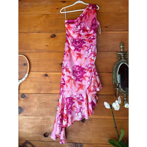 NWT Lulus Divinely Blooming Pink Multi Floral One-Shoulder Midi Dress Cruise L - Picture 2 of 9